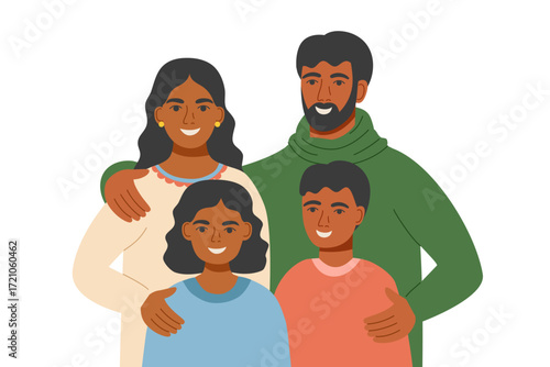 Illustration of family with two children isolated on white background. Father, mother, daughter, son. Family concept. Vector flat clipart.