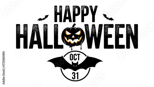 Happy Halloween : A spooky composition. featuring the Happy Halloween text, a carved pumpkin with a menacing glow, and bats silhouettes fluttering against a white background.
