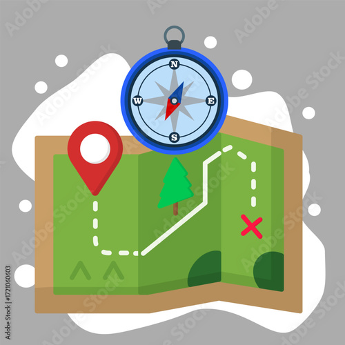 Flat map with compass, location pin and pathway. Symbolizing navigation, exploration, direction, travel, adventure, and outdoor journey concept.