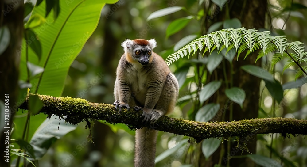 Fototapeta premium Focused Lemur in Lush Rainforest.