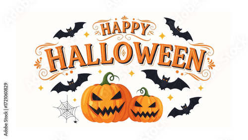 Spooky Halloween: Eerie pumpkins, grinning jack-o'-lanterns, a festive Halloween decoration, adorned with playful bats and spider webs on an allusive night of Halloween festivities.