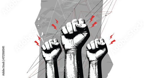 Three fists raised in protest against a grey geometric background.