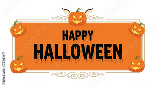 Spooky Halloween Greetings: A festive, stylized design with glowing jack-o'-lanterns frames the cheerful message HAPPY HALLOWEEN, conveying the essence of the holiday's spirit