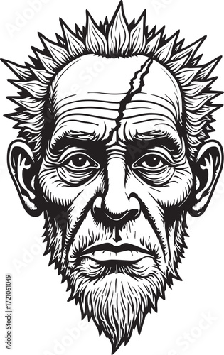 Artistic Portrait of Aged Man: A close-up, detailed, high-contrast, illustration showcases the weathered face of an old man, evoking themes of wisdom, experience, and the passage of time.
