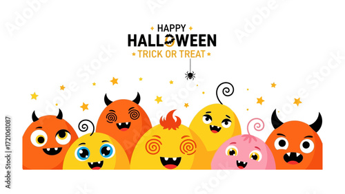 Monster's Halloween Gathering: Adorable, yet mischievous, monsters come together for a cheerful Halloween celebration with pumpkins, inviting the spirit of trick or treat