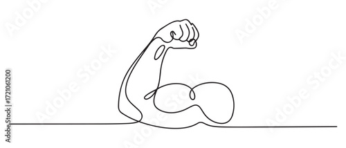 Arm shows bicep fist. Continuous one line vector, Man's hand shows a fist on the biceps in line style. one line Icon drawing with white background