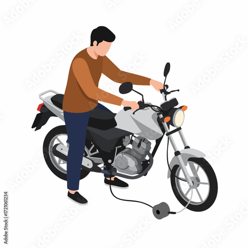 Isometric Illustration Man Charging Electric Motorcycle with Portable Charger
