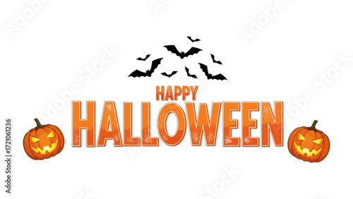 Happy Halloween illustration: Two jack-o'-lanterns grinning mischievously on either side of the cheerful greeting Happy Halloween, a collection of bats adding a touch of spooky charm.