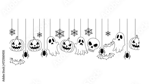 Halloween Garland: A line of whimsical Halloween decorations, including grinning pumpkins, friendly ghosts, and spooky spiders, all suspended by delicate strings, evoking the fun of Halloween.