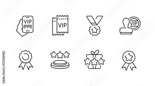 Vip and membership outline icons set – badge, ticket, exclusive access symbols