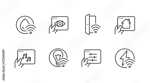 Smart home automation outline icons set – linear style, iot, connected devices
