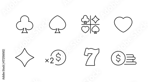 Casino and poker line icons set – silhouette, gambling, gaming symbols collection