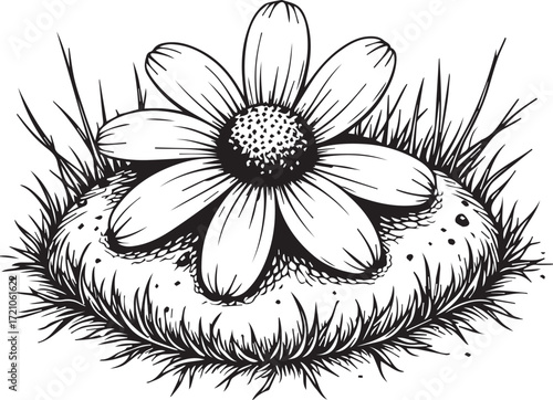 Black and White Floral Harmony: A solitary daisy takes center stage in a detailed black and white illustration, emanating serene tranquility in a captivating display of nature.