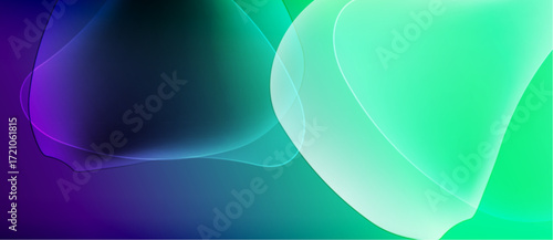 Abstract fluid shapes blend vibrant purple, teal, green hues. Soft gradients create dynamic visual flow. Minimalist design.