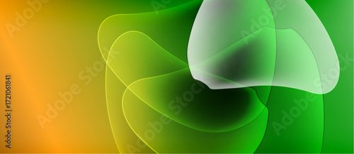 Abstract gradients blend orange, yellow, green hues. Soft shapes overlap creating luminous effect. Smooth transitions dominate composition.