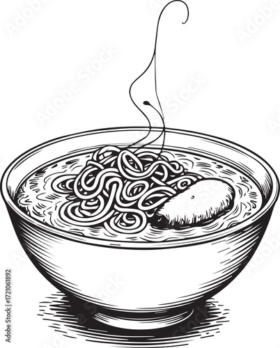 Noodle Delight: A vintage-style, monochrome illustration showcasing a steaming bowl of savory noodles. The focus is on the inviting steam and the comforting allure of classic cuisine.