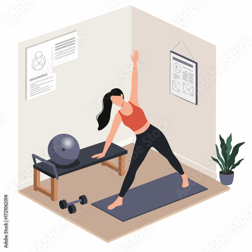 Isometric Woman Doing Triangle Pose Yoga at Home Illustration