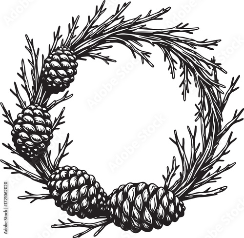 Rustic Pinecone Wreath: An intricately detailed drawing of a wreath composed of pinecones and twigs, perfect for adding a touch of nature-inspired elegance.