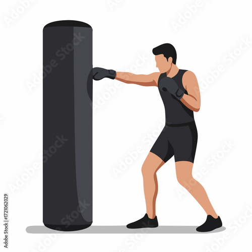 Modern Flat Illustration Man Punching Heavy Bag in Gym Training