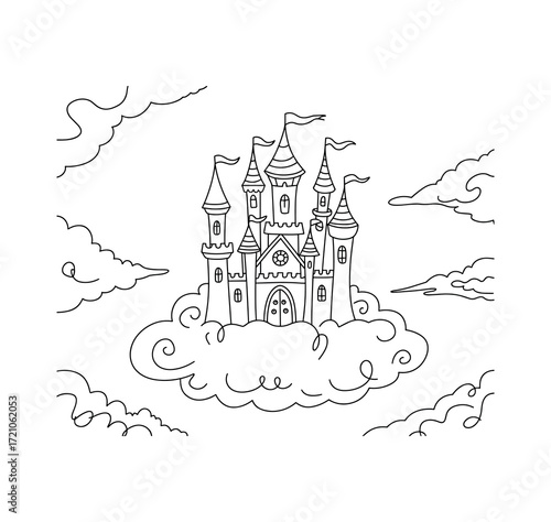 A beautiful magic castle in the sky among clouds, a black and white line art vector illustration