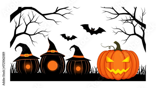 Halloween Decorations: A festive display of grinning pumpkins, bats, and silhouetted branches creates a whimsical and spooky scene, perfect for capturing the essence of All Hallows' Eve.