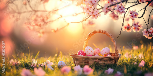 Colorful Easter Eggs in Basket Under Spring Blossom Tree
