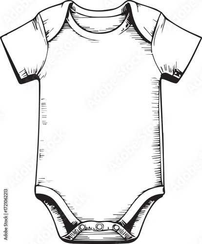 Baby Bodysuit Illustration: A charming, artistic depiction of a classic baby bodysuit, showcasing the simple elegance of infant apparel in delicate black and white lines.