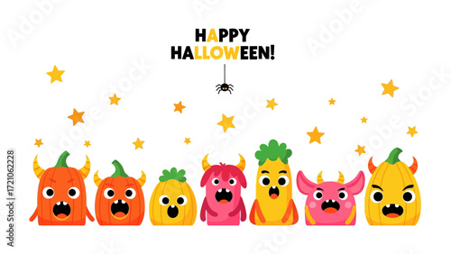 Happy Halloween: A charming cartoon features a collection of quirky and colorful monster characters, alongside twinkling stars and a smiling spider.