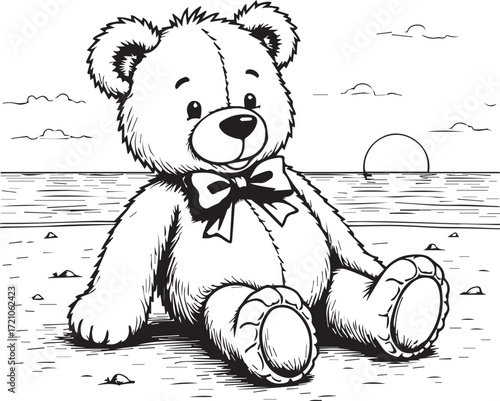 Teddy Bear's Seaside Reverie: A charming teddy bear sits peacefully on a serene seaside shore, gazing at the tranquil horizon. Capturing a sense of innocence and nostalgic charm.