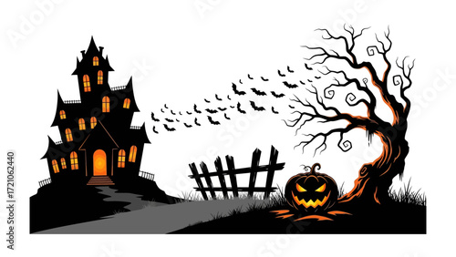 Spooky Halloween Night: A eerie silhouette scene sets the stage for a frightful night with a haunted house, jack-o'-lantern, tree, fence, and bats.