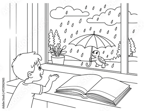 Boy gazing at turtle under umbrella in the rain beside a book at a window