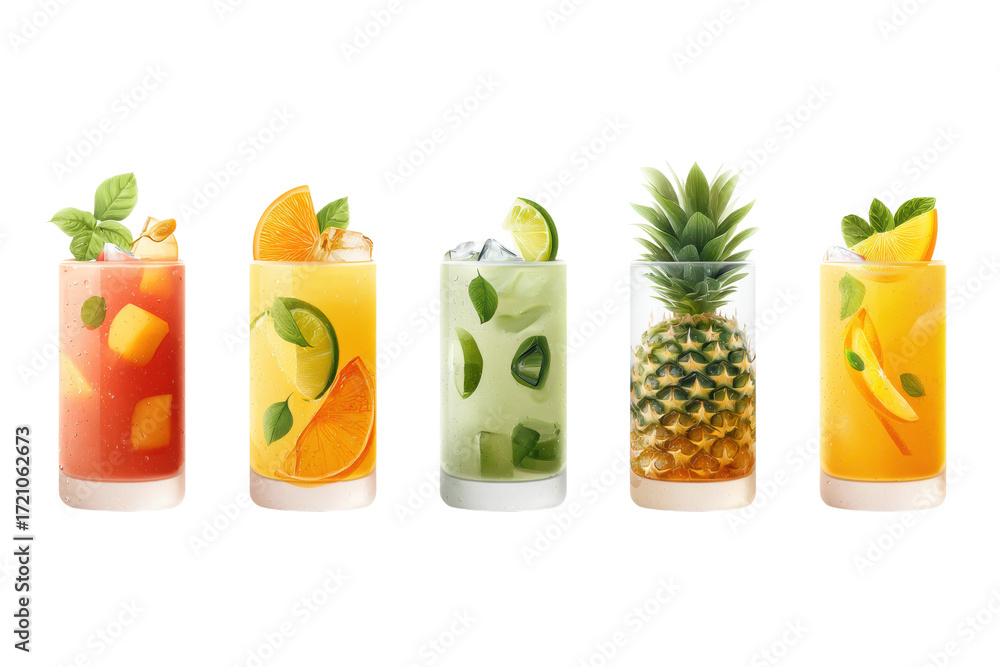 Fototapeta premium Colorful assortment of refreshing fruit drinks with ice and garnishes, cut out