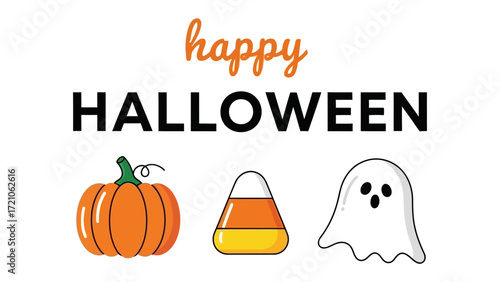 Happy Halloween wishes illustration: A festive composition featuring iconic Halloween symbols, inviting viewers to celebrate the spooky season with joyful flair. 