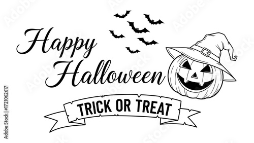 Happy Halloween Greetings: A spooky black and white illustration. Festive Halloween greeting with a carved pumpkin wearing a witch hat and a banner reading Trick or Treat, framed by fluttering bats.