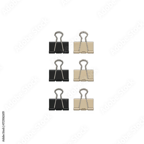Close-up shot of six metal binder clips in black and silver arranged in two columns on a white background.