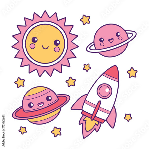 Adorable kawaii style space scene featuring a smiling sun planet rocket ship and stars in pink and yellow colors