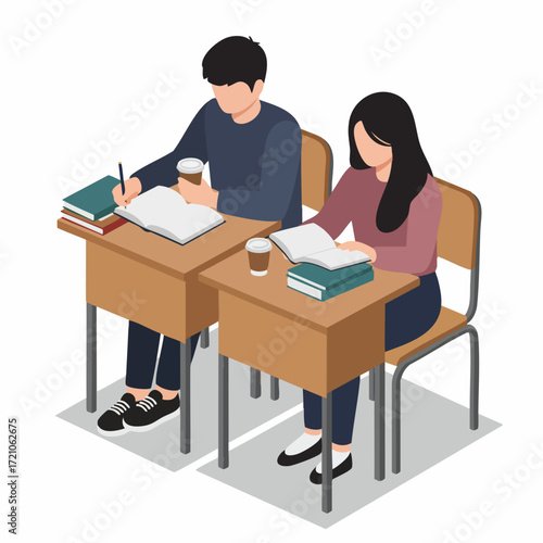 Isometric Student Studying At Desk In Classroom Education Illustration