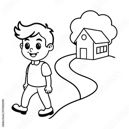 A happy cartoon boy walking on a winding path towards a simple house with a fluffy tree beside it in a black and white illustration