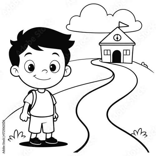 A happy cartoon boy with a backpack stands on a path leading to a schoolhouse under a cloudy sky representing education and childhood journeys