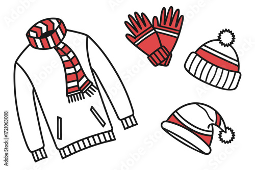 Illustration of a winter outfit including a sweater scarf gloves and two hats with red and white stripes | svg ,png & jpeg