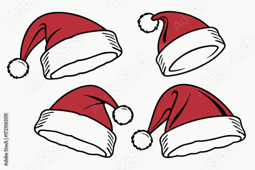 Illustration of four santa hats with white trim and pom poms on a white background for christmas time | svg ,png & jpeg