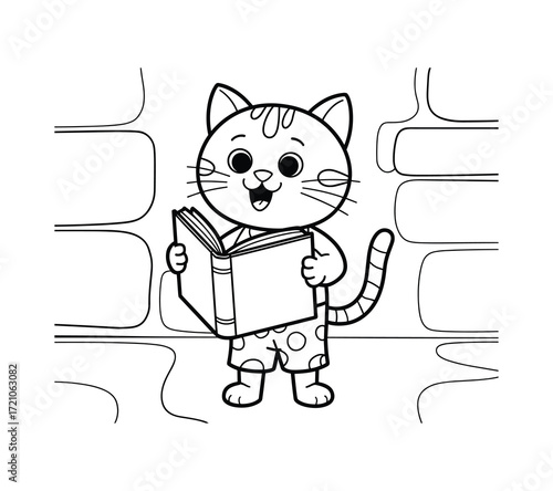 Adorable Cat Reading a Book Coloring Page