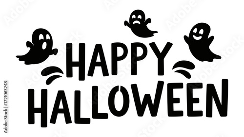 Happy Halloween Greeting: Spooky silhouettes of friendly ghosts dance around bold typography declaring Happy Halloween, perfect for seasonal greeting cards. 