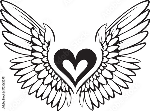 Wings of Love: A captivating artistic representation showcasing a heart, cradled by intricate wings, in this monochromatic illustration.