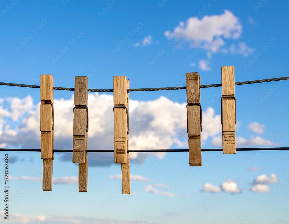 Obraz premium Wooden clothespins on a clothesline against a partly cloudy sky (1)