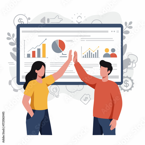 Flat Design High Five Collaboration on Monitor Business Analysis Illustration