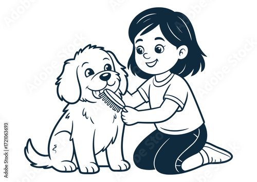 Girl Brushing a Dog A Charming Black and White Line Art Illustration