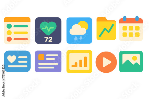 Flat data visualization icon set featuring analytics, charts, and weather visuals