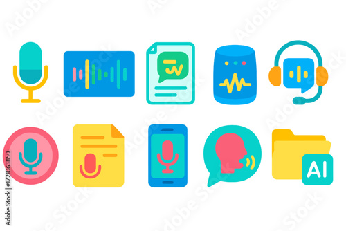Audio, podcast flat icon set. voice recording and streaming icons, flat collection