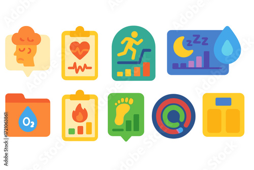 Health and fitness icon set. flat design for wellness and activity tracking.